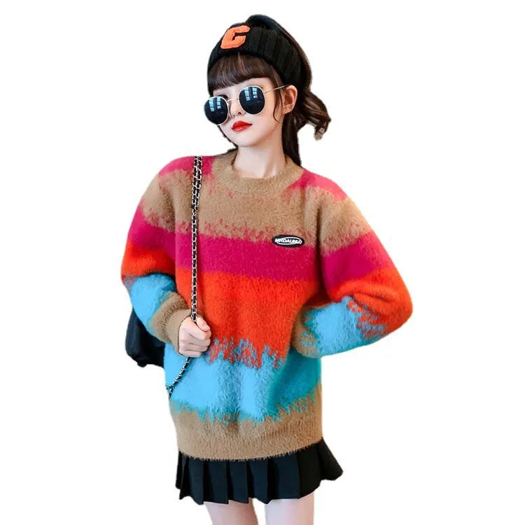 3-13Y Colorblock Knitted Contrast Warm Long Sleeve Girl Sweater Wholesale Kids Boutique Clothing