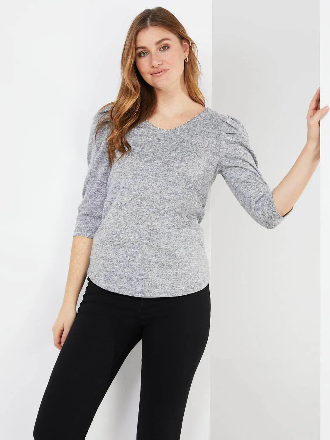 3/4 Puff Sleeve Rhinestone V-Neck Top