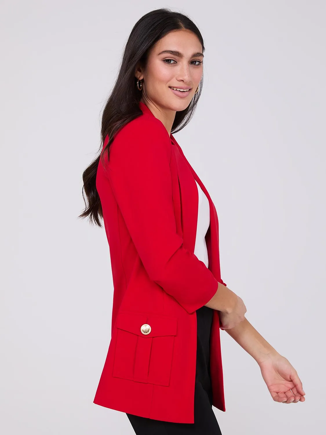 3/4 Ruched Sleeve Crepe Blazer