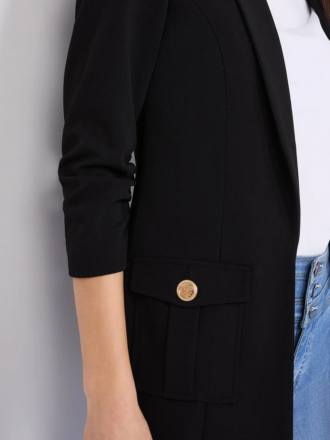 3/4 Ruched Sleeve Crepe Blazer