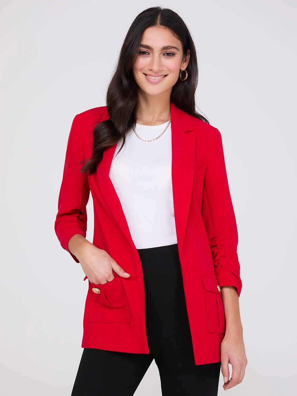 3/4 Ruched Sleeve Crepe Blazer