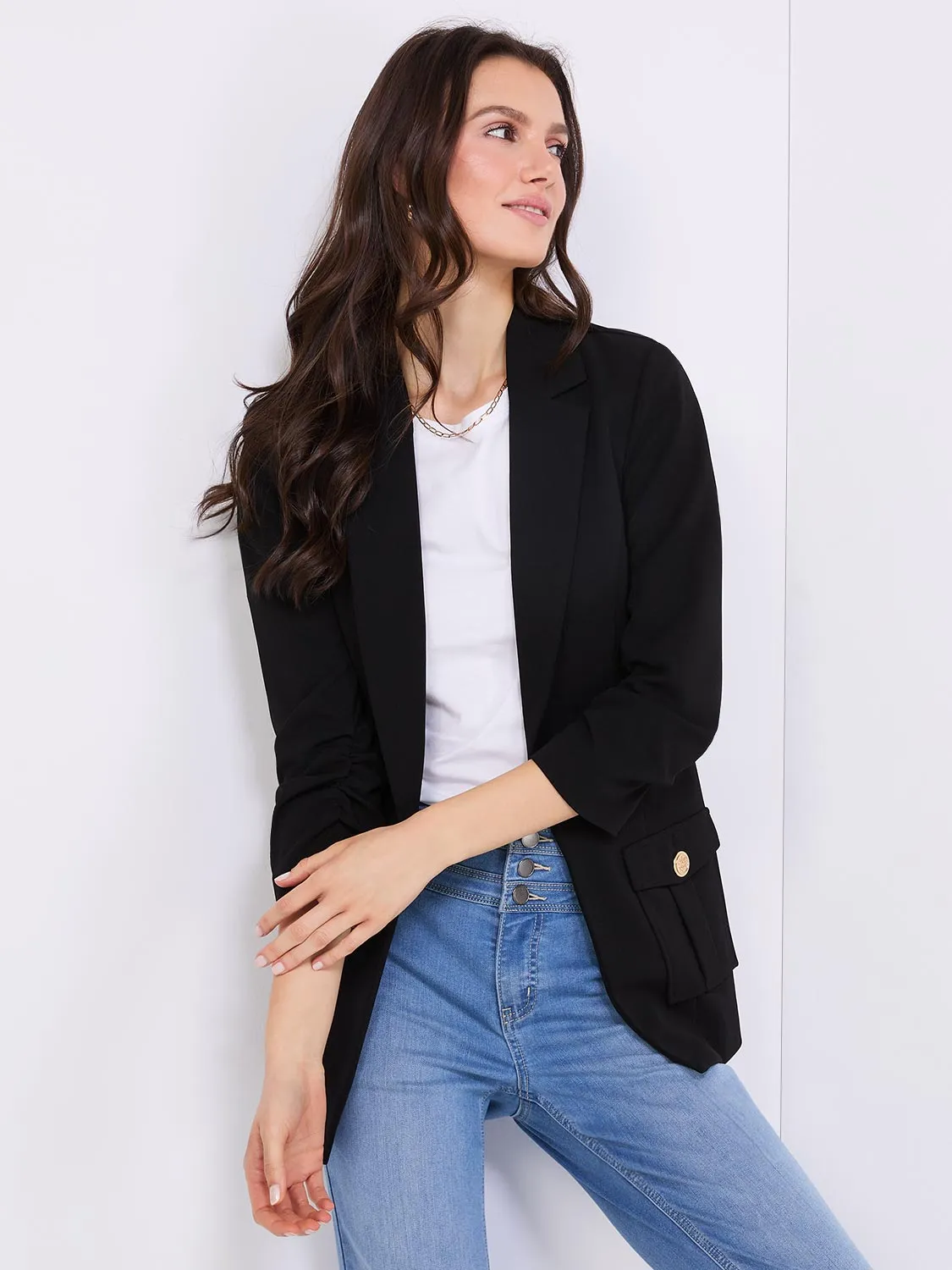 3/4 Ruched Sleeve Crepe Blazer