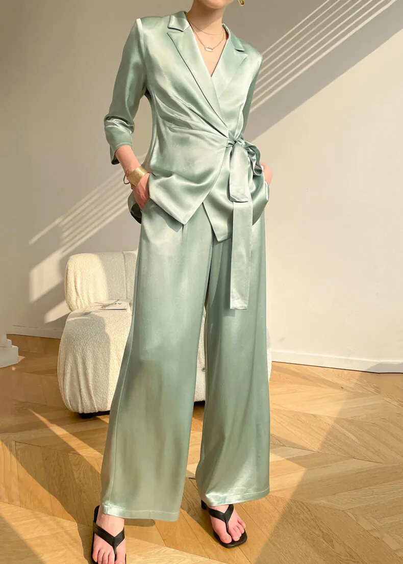 Acetate Belted Blazer Wide Leg Pants Two Piece Set