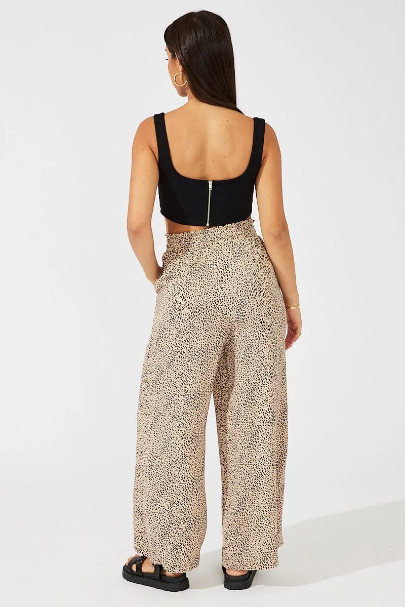 Beige Animal Print Wide Leg Pants High Rise