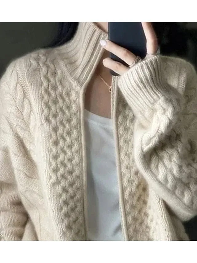 Beige Cable Knit Zippered Women's Sweater for Winter and Fall