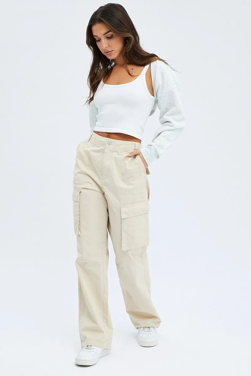 Beige Cargo Pants Low Rise