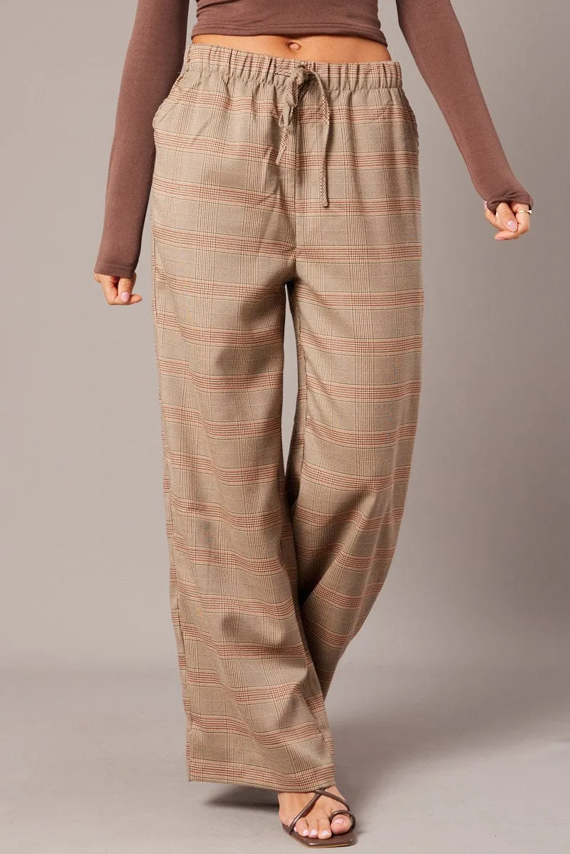 Beige Check Wide Leg Pants Elastic Waist