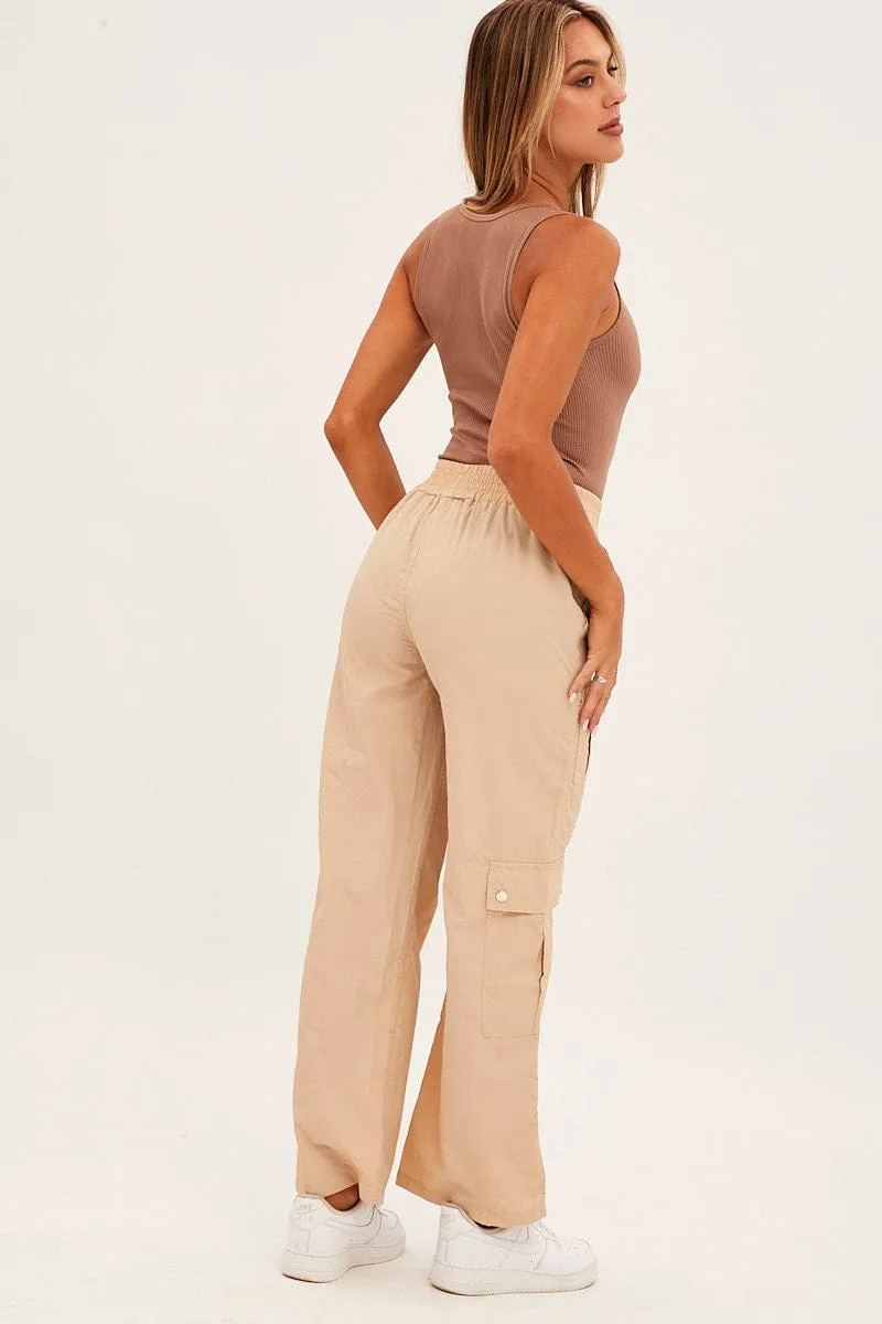 Beige Elastic Waist High Rise Wide Leg Cargo Pants