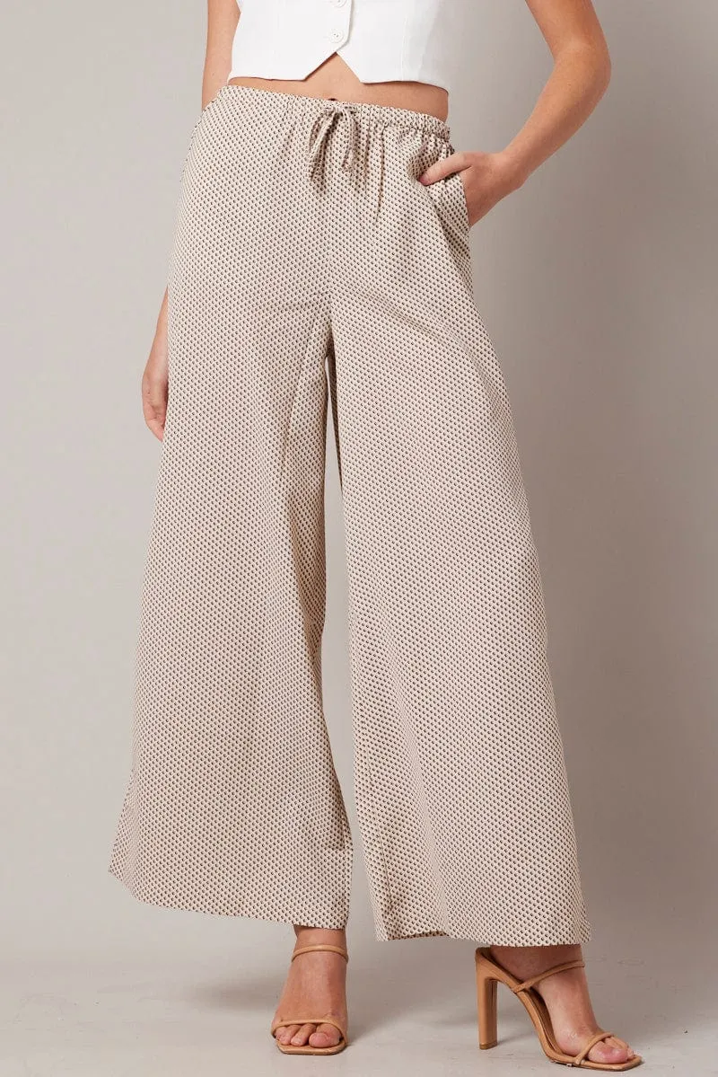 Beige Geo Wide Leg Pants High Rise