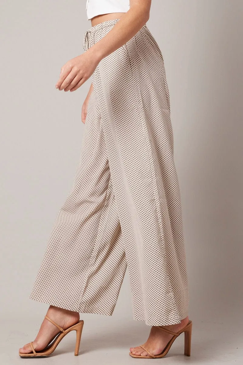 Beige Geo Wide Leg Pants High Rise