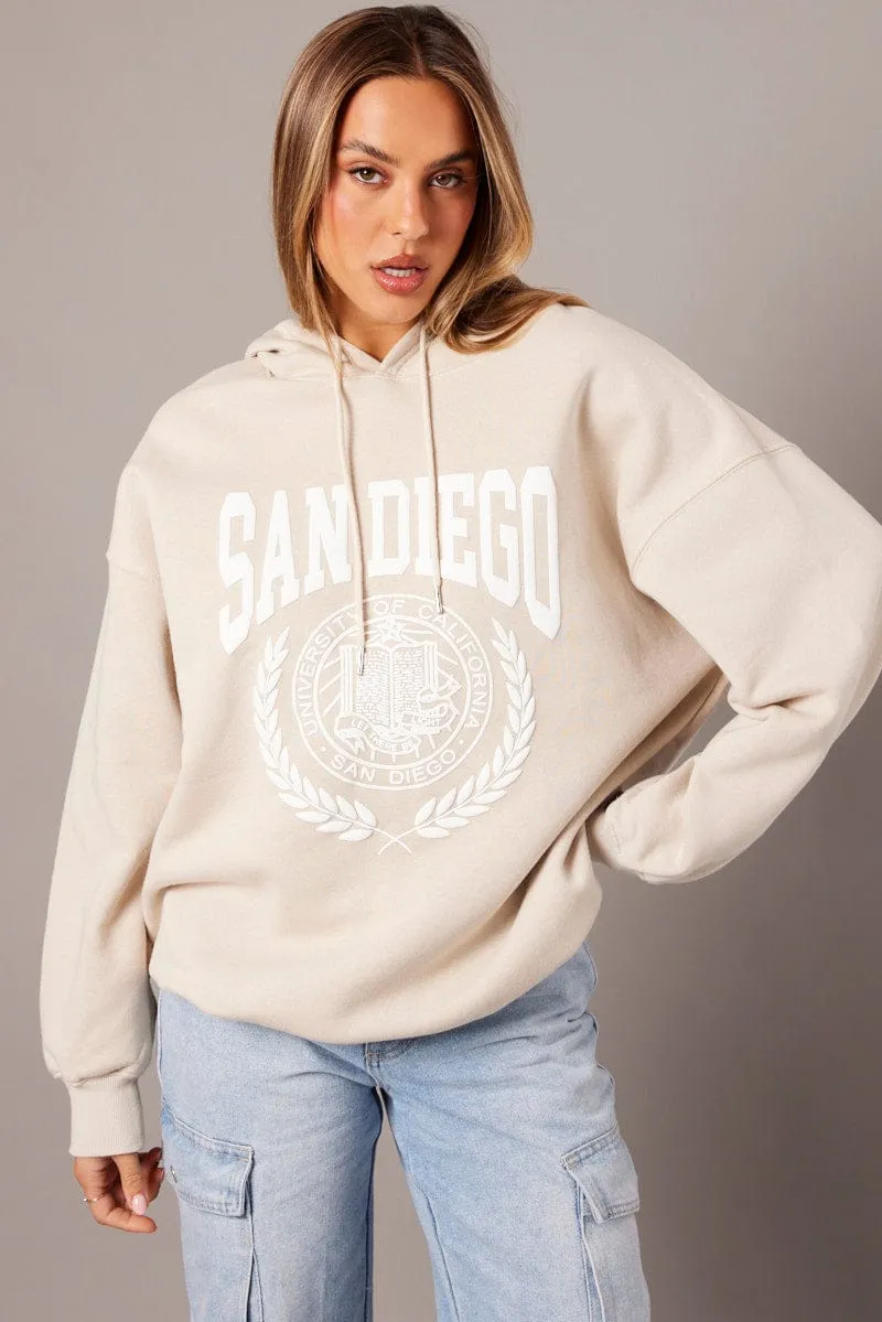 Beige Graphic Hoodie Sweater Long Sleeve