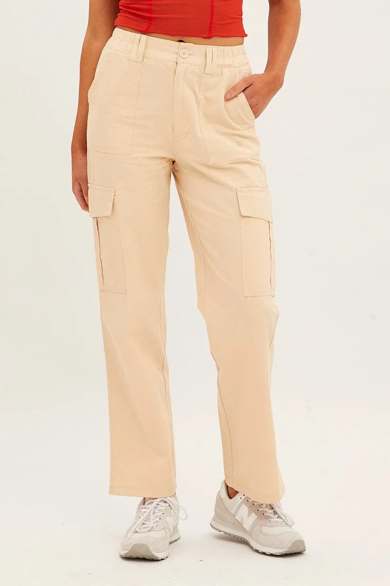 Beige High Rise Wide Leg Cargo Pants