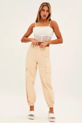 Beige High Rise Wide Leg Cargo Pants