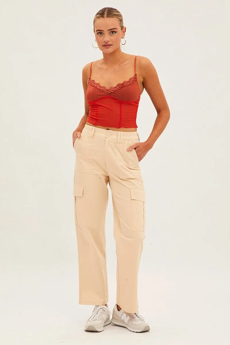 Beige High Rise Wide Leg Cargo Pants