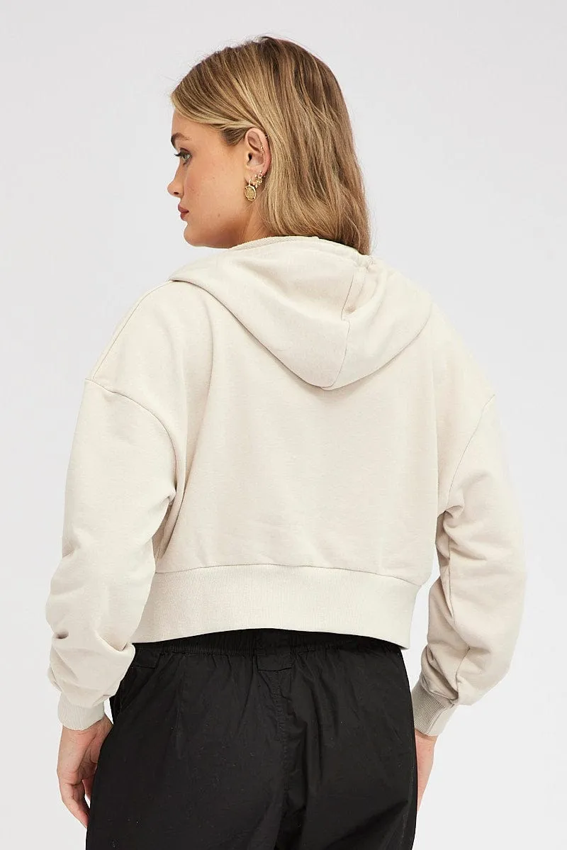 Beige Hoodie Zip Long Sleeve