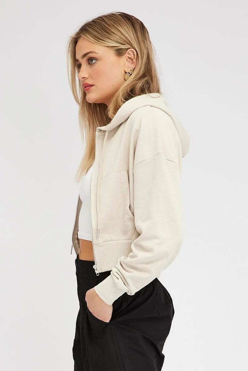 Beige Hoodie Zip Long Sleeve