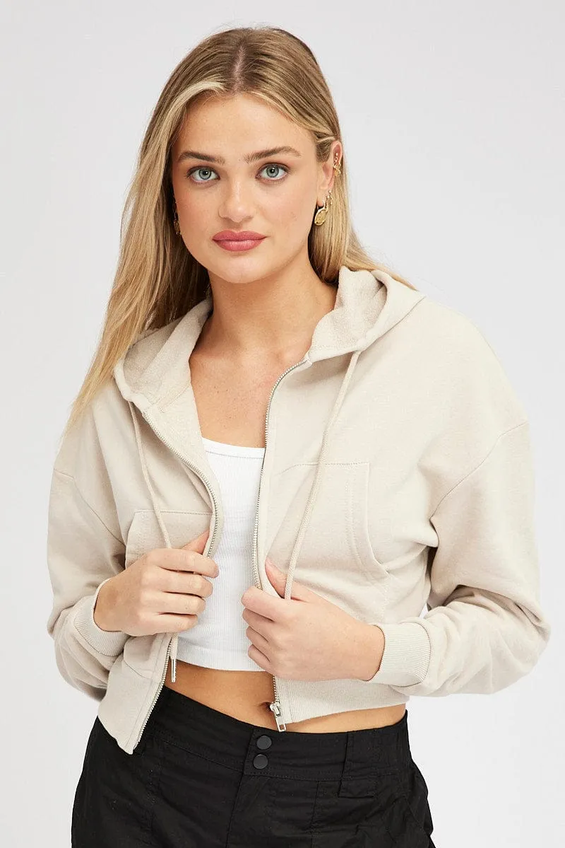 Beige Hoodie Zip Long Sleeve