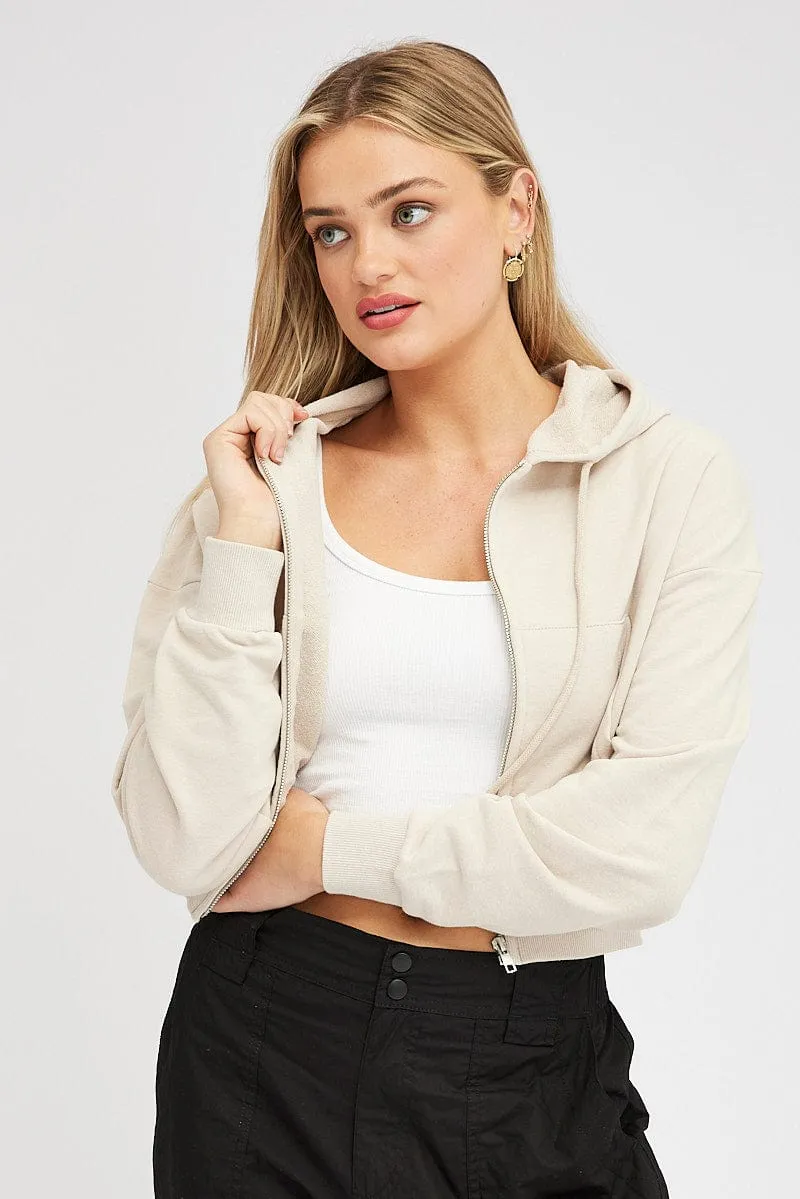 Beige Hoodie Zip Long Sleeve