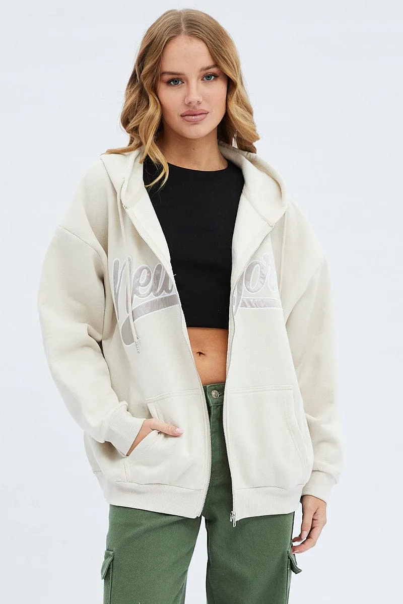 Beige Hoodie Zip Long Sleeves Embroidery