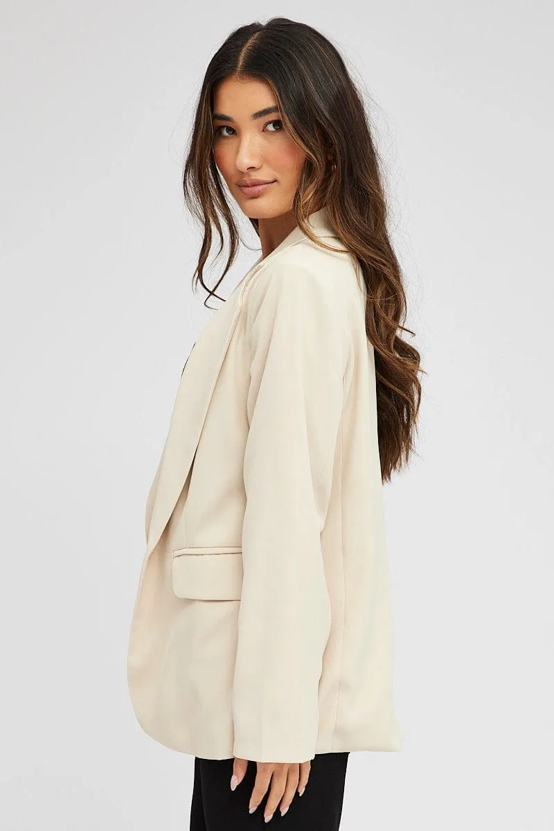 Beige Jacket Long Sleeve Collar Neck