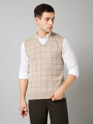 Cantabil Checkered Beige Sleeveless V Neck Regular Fit Casual Sweater for Men