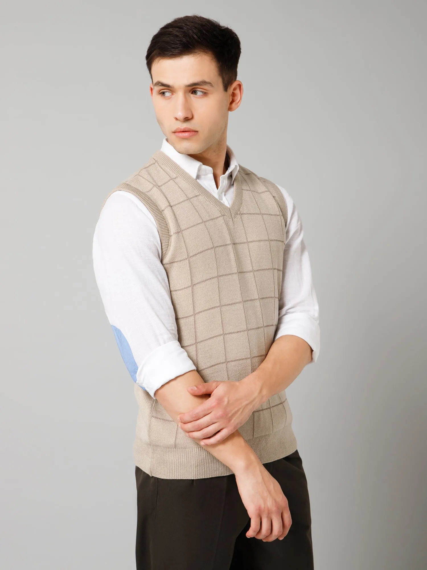 Cantabil Checkered Beige Sleeveless V Neck Regular Fit Casual Sweater for Men