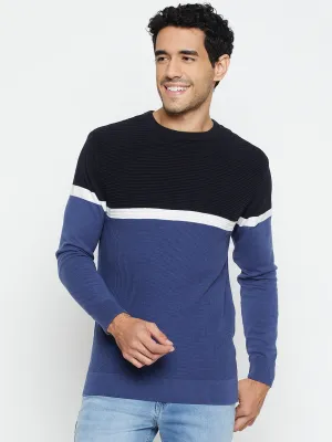 Cantabil Color Block Blue Full Sleeves Round Neck Regular Fit Casual Sweater for Men