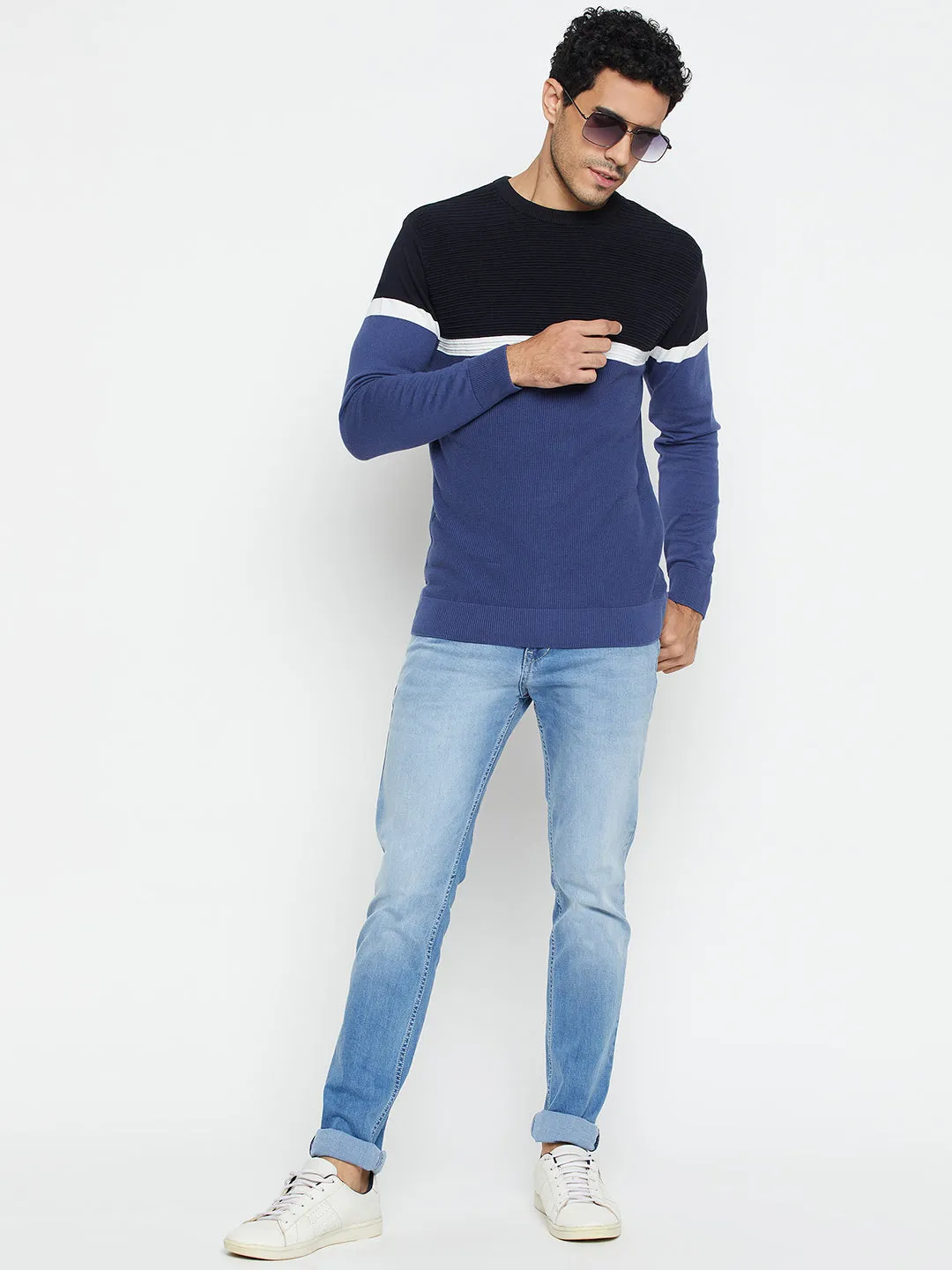 Cantabil Color Block Blue Full Sleeves Round Neck Regular Fit Casual Sweater for Men