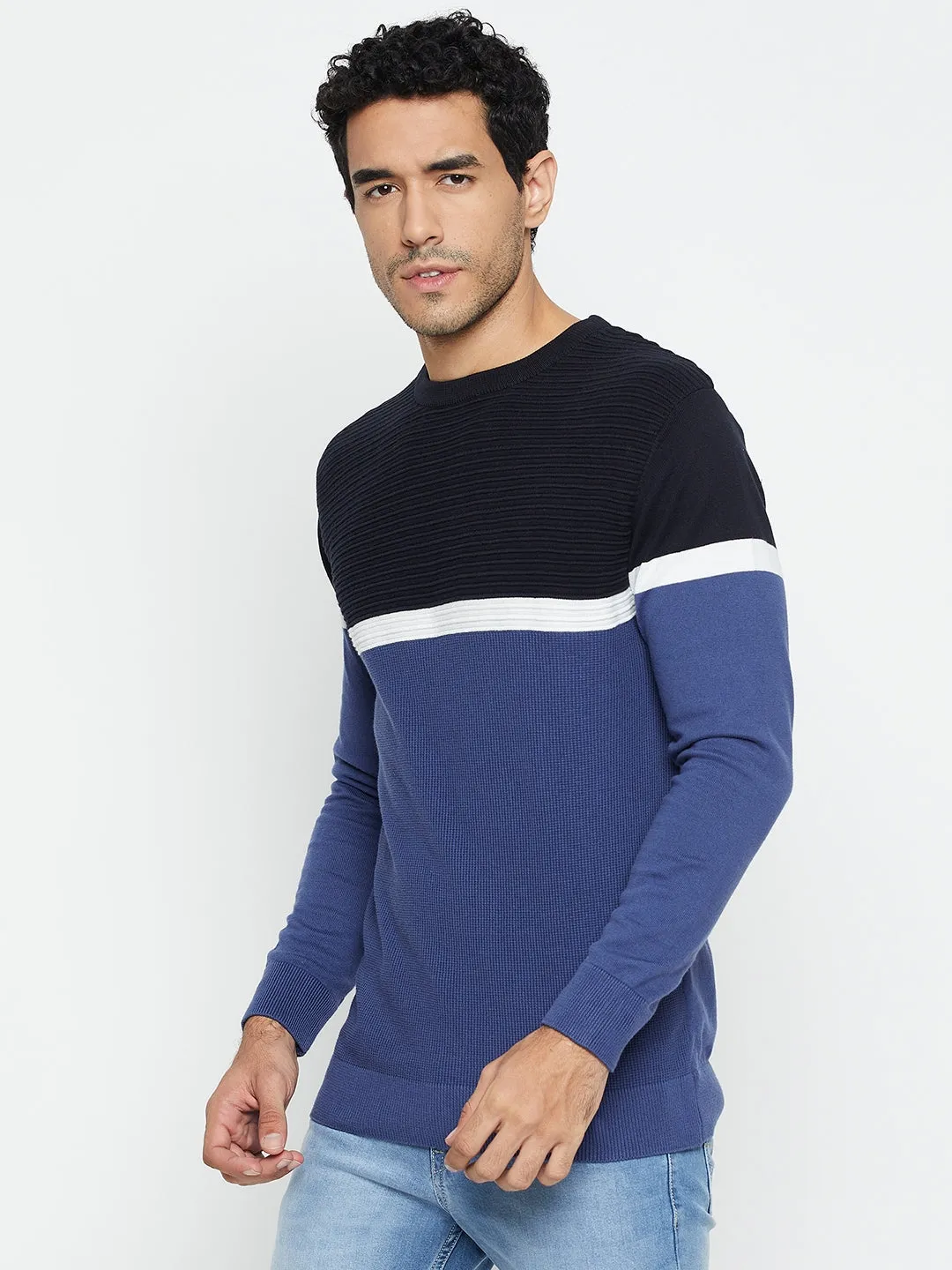 Cantabil Color Block Blue Full Sleeves Round Neck Regular Fit Casual Sweater for Men