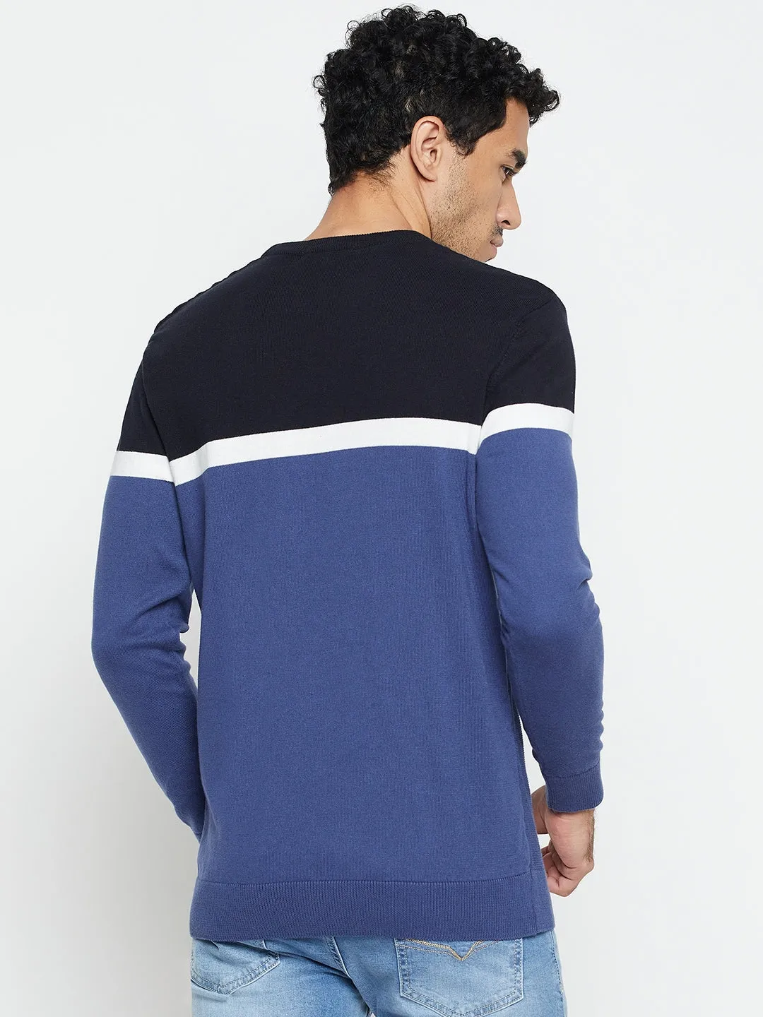 Cantabil Color Block Blue Full Sleeves Round Neck Regular Fit Casual Sweater for Men