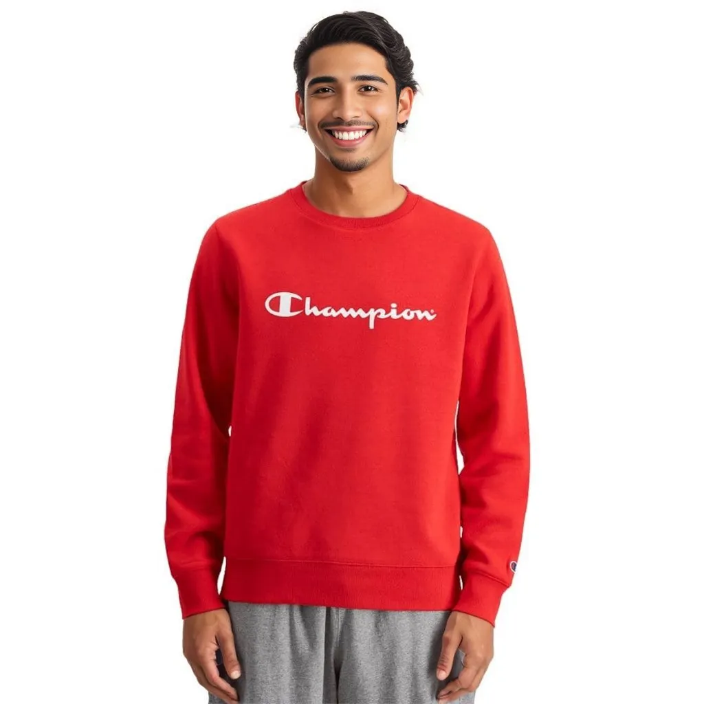 CHAMPION MEN'S SCRIPT RED CREW SWEATSHIRT