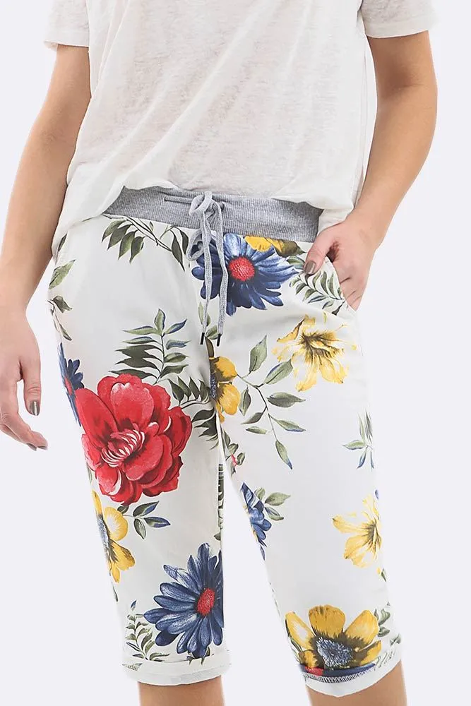 Cotton Big Rose Print 3/4 Drawstring Trouser