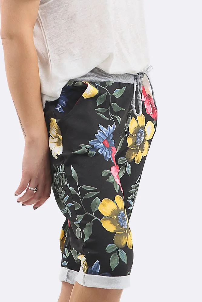 Cotton Big Rose Print 3/4 Drawstring Trouser