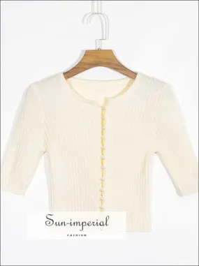 Cream Knitted Pearl Buttoned Cardigan Sweater O Neck Short Sleeve Sweater