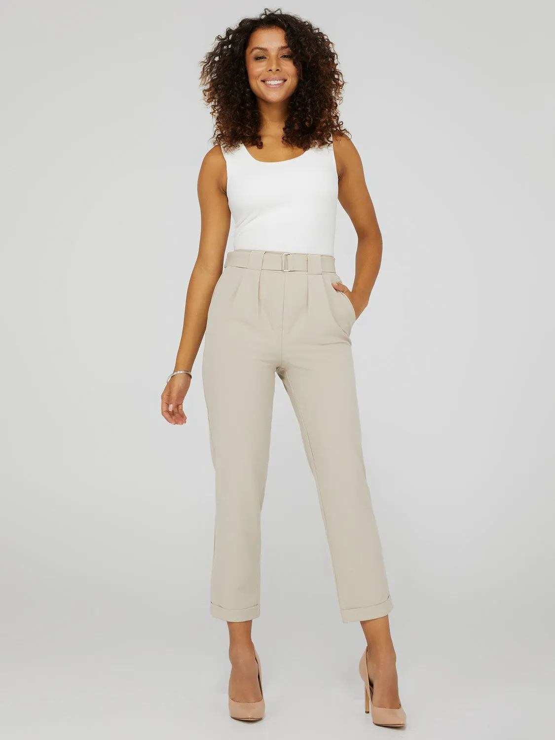 Cuffed Pull-On Pants With Belt