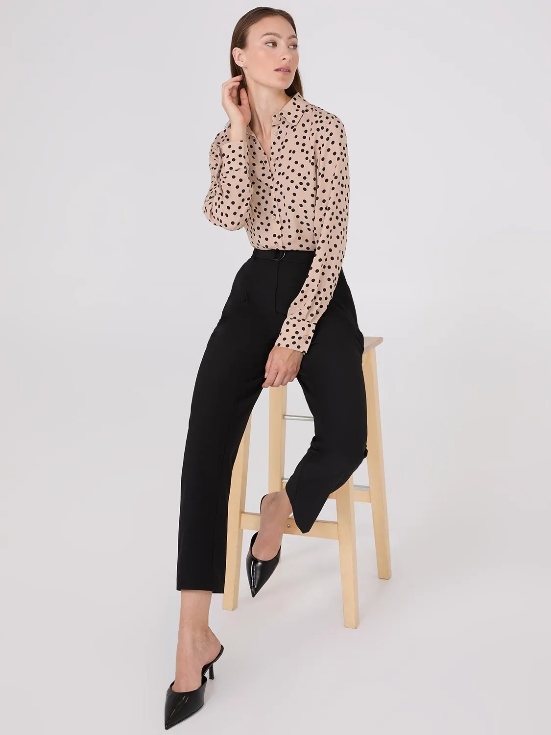 Dot Print Chiffon Button-Front Blouse