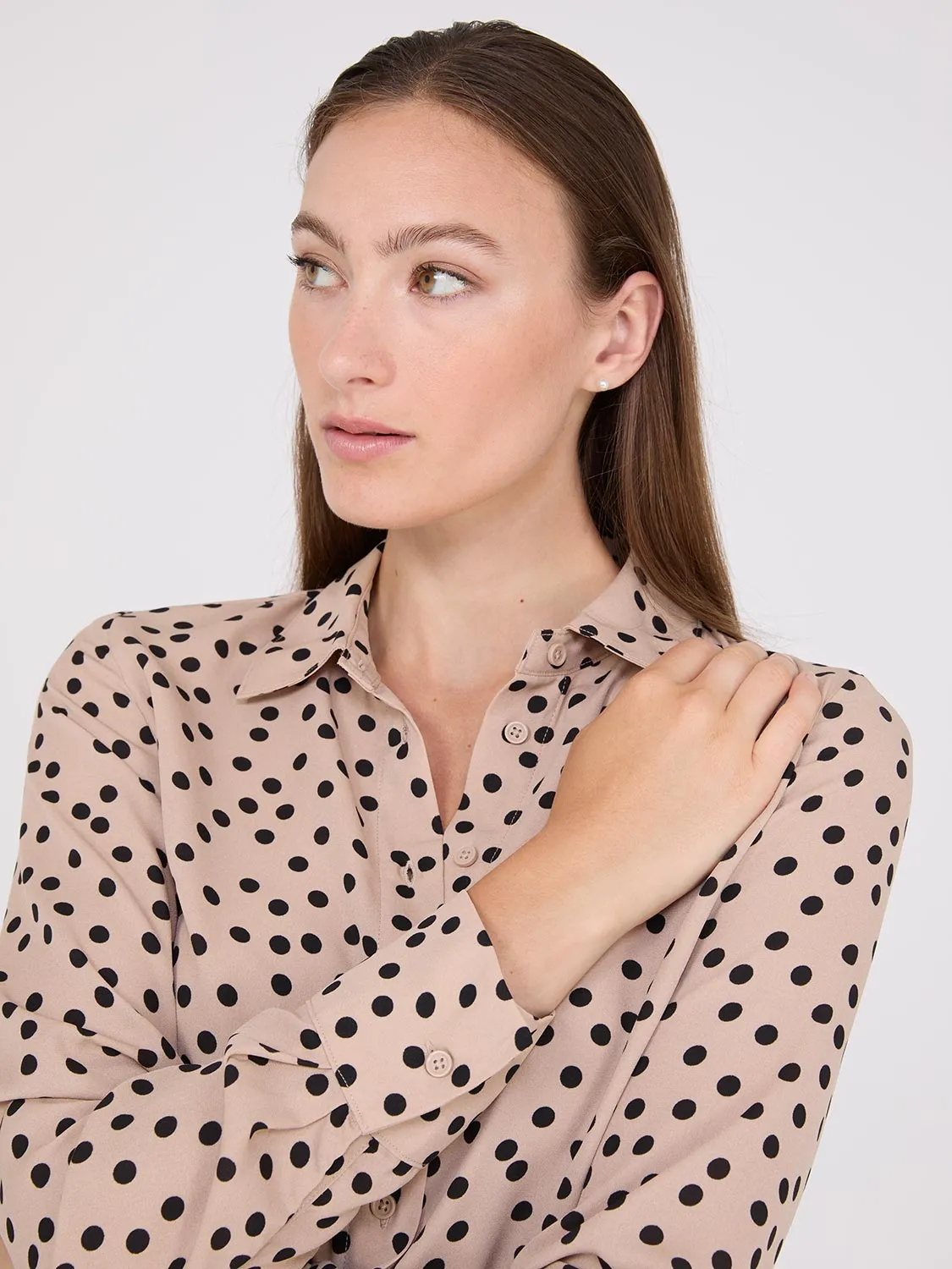 Dot Print Chiffon Button-Front Blouse