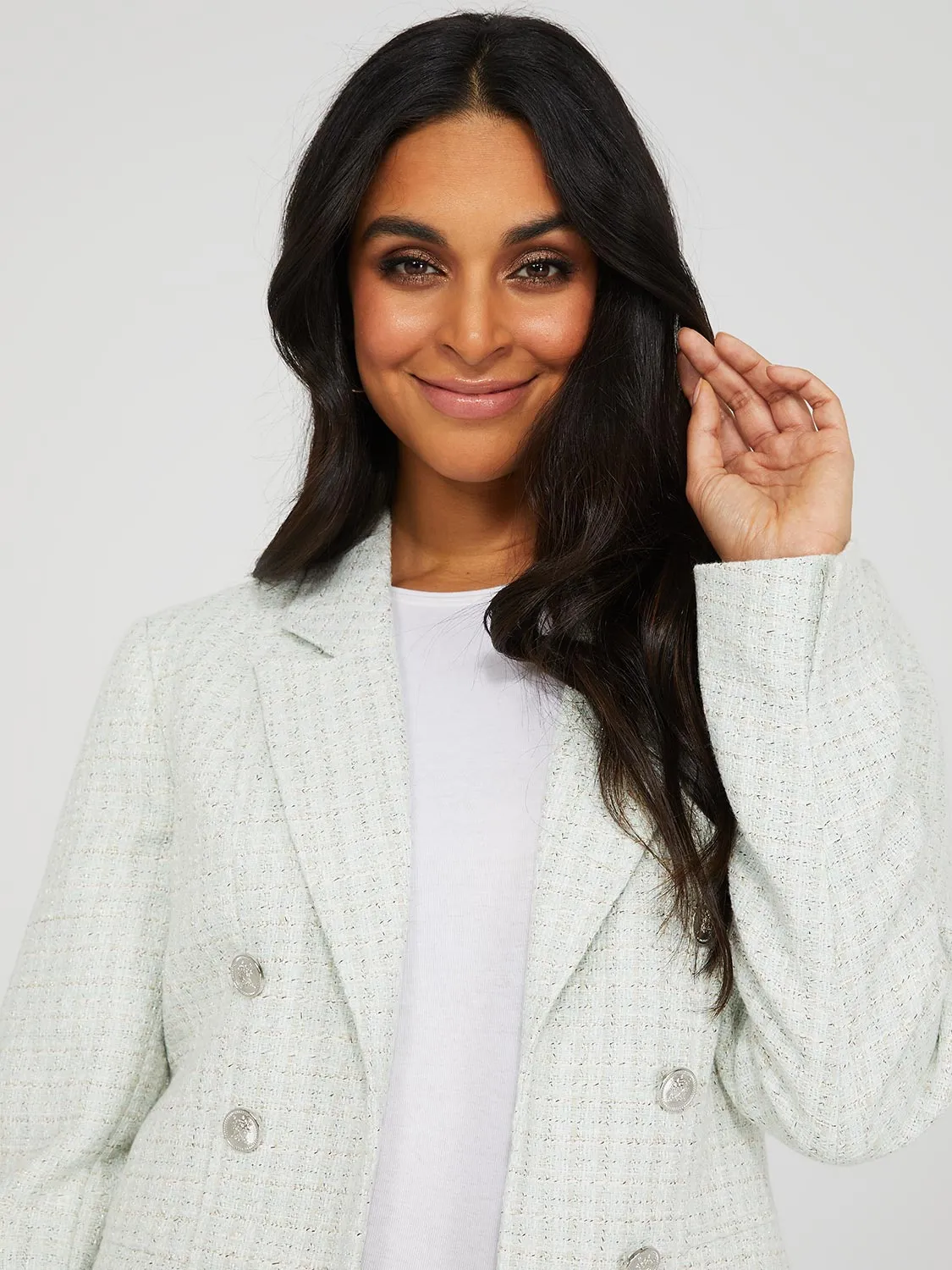 Faux Double-Breasted Boucle Blazer