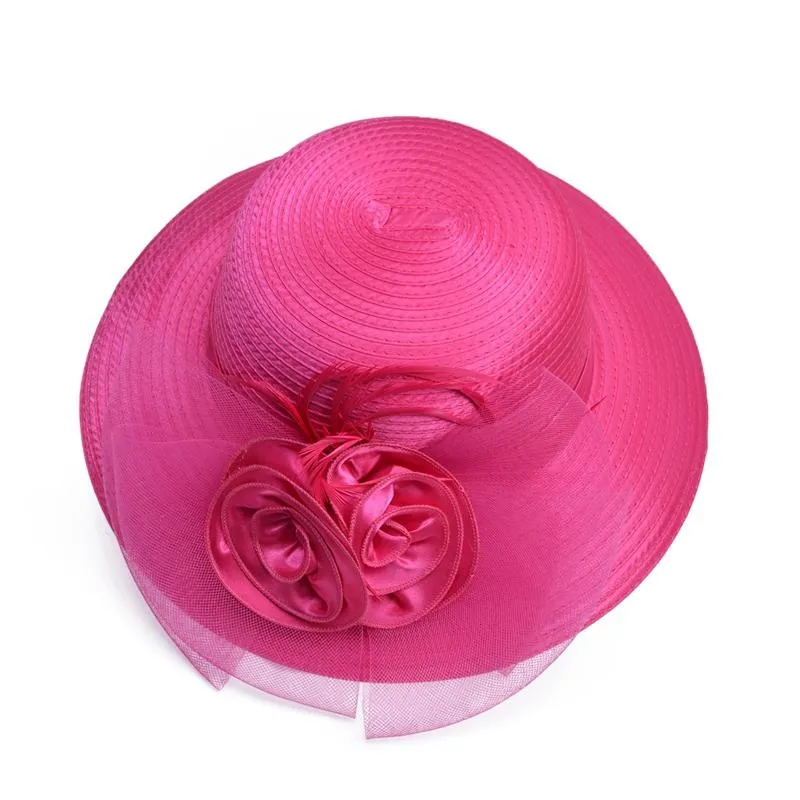 Floppy Wide Brim Floral Satin Sun Hat with Feathers