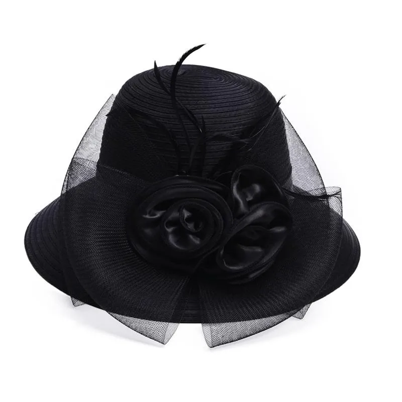 Floppy Wide Brim Floral Satin Sun Hat with Feathers