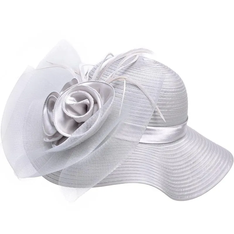 Floppy Wide Brim Floral Satin Sun Hat with Feathers