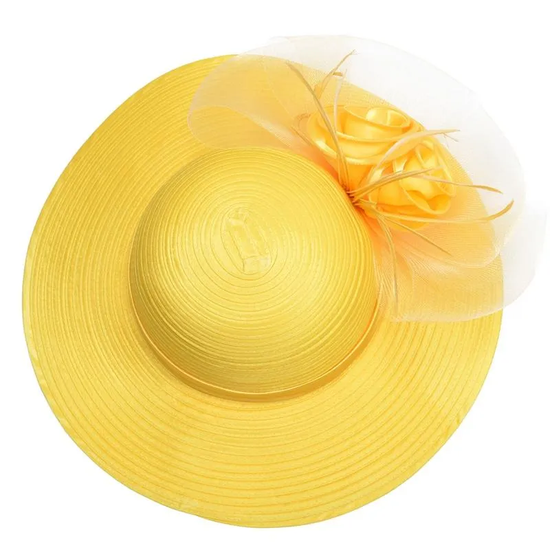 Floppy Wide Brim Floral Satin Sun Hat with Feathers