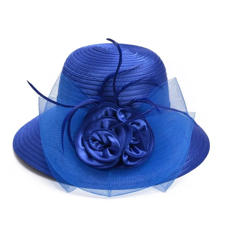 Floppy Wide Brim Floral Satin Sun Hat with Feathers