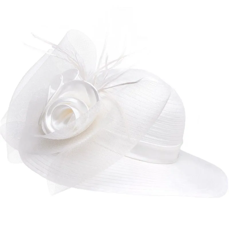 Floppy Wide Brim Floral Satin Sun Hat with Feathers