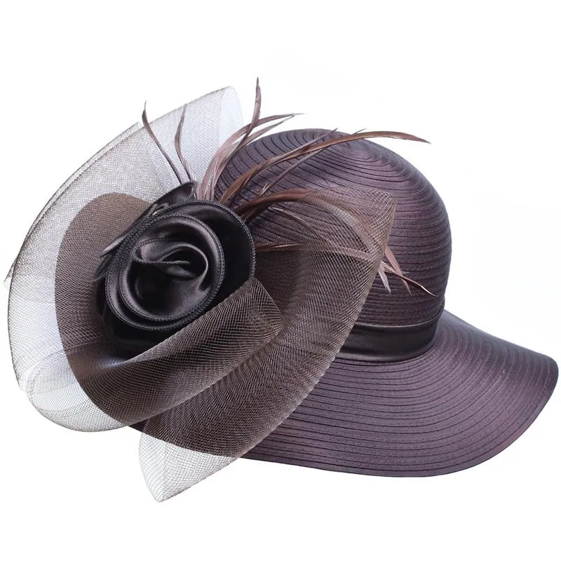 Floppy Wide Brim Floral Satin Sun Hat with Feathers