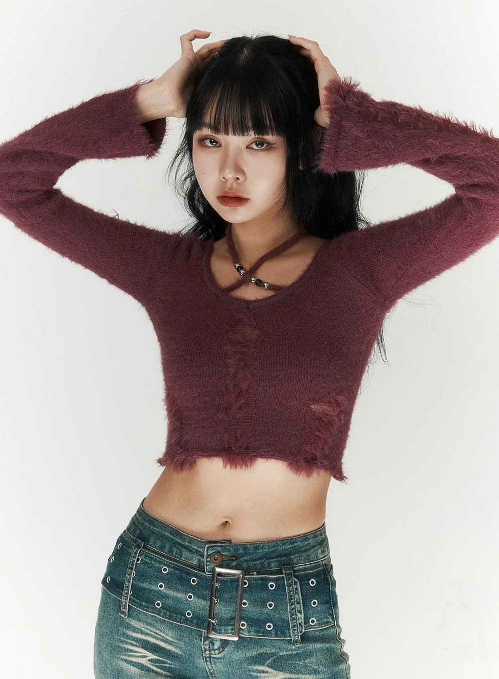 Fuzzy Ripped Crop Sweater CJ419