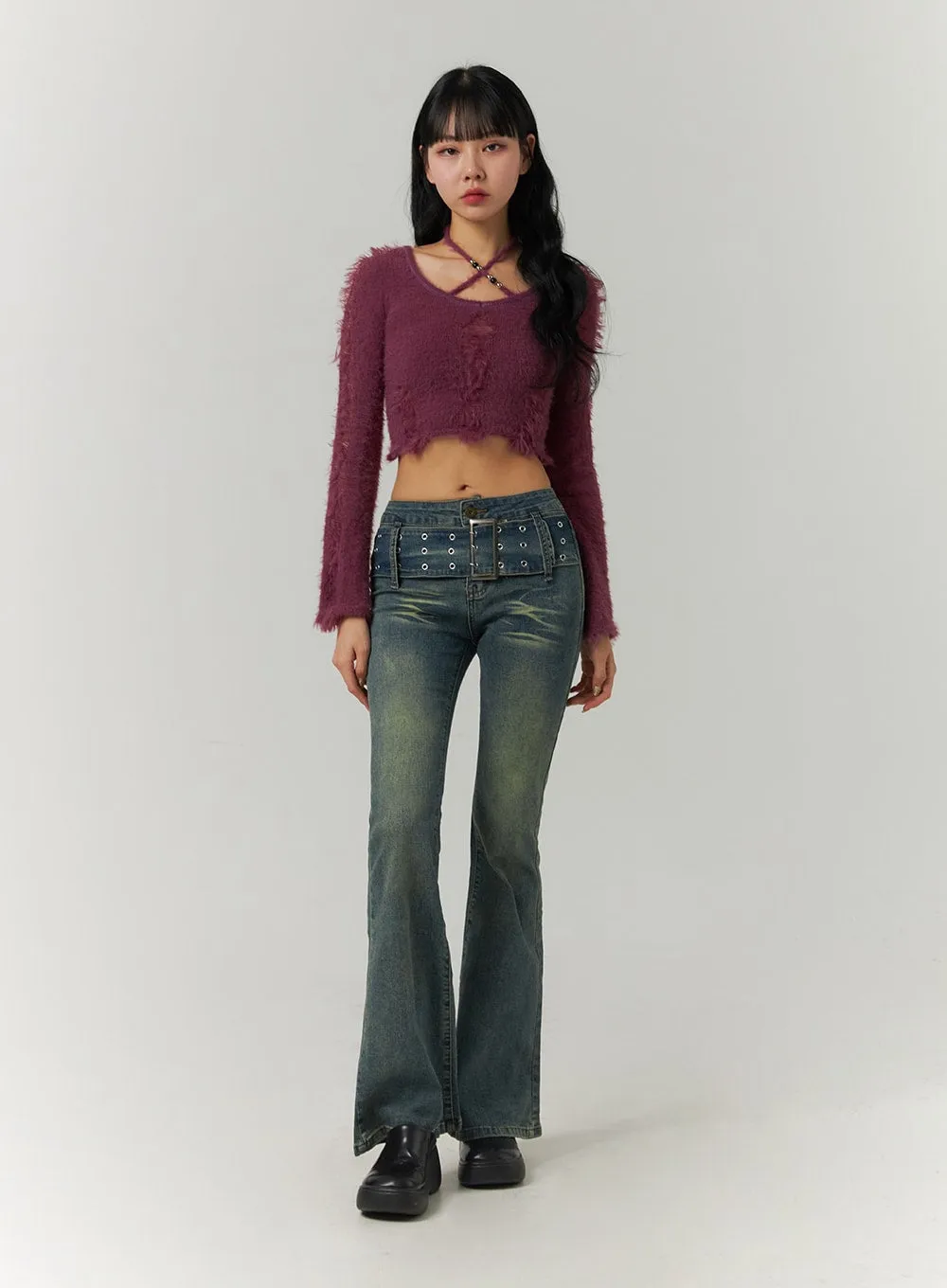 Fuzzy Ripped Crop Sweater CJ419