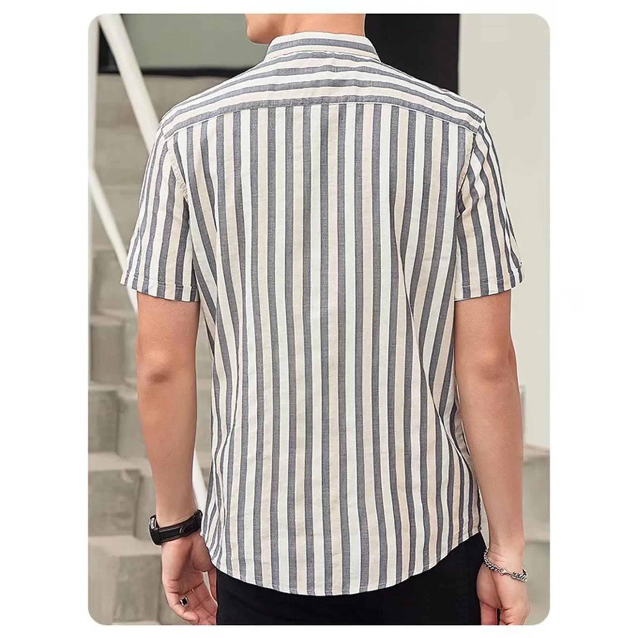 Grey Korean stripe short sleeve shirt for men