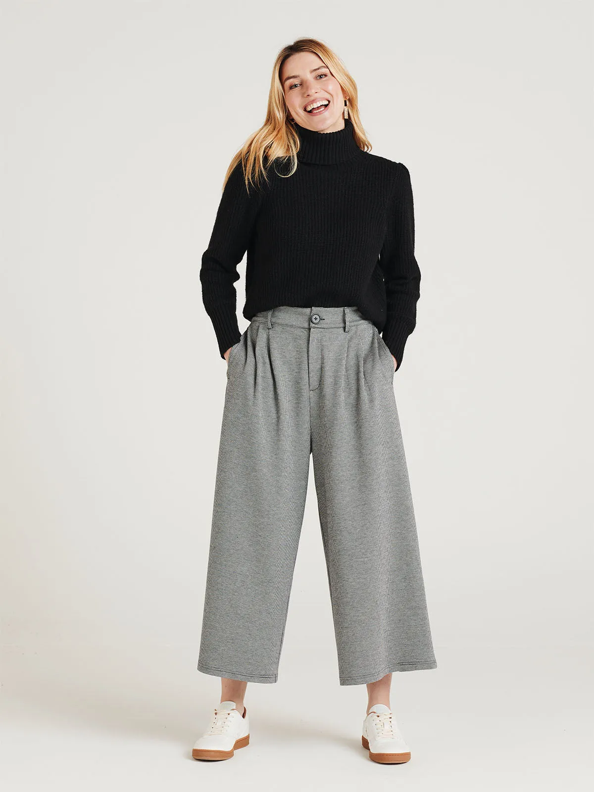 Haddie Check Jersey Wide Leg Trouser - Black