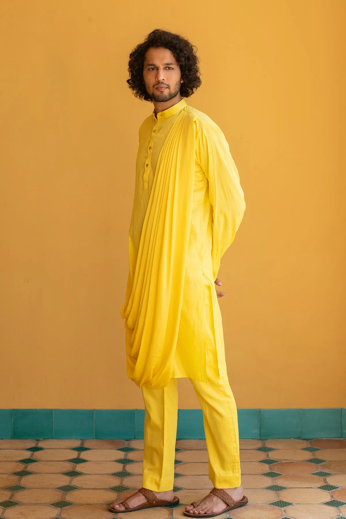 HVAR -  Drape German Satin yellow Kurta Trouser